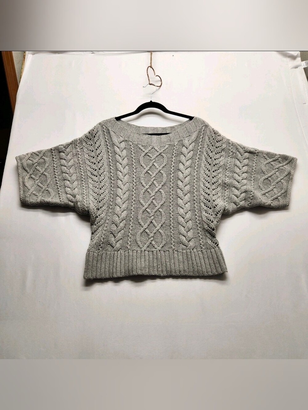 ⭐️Vintage Express Gray Cable Knit Dolman Sweater L Chunky Crop Coquette Boho
